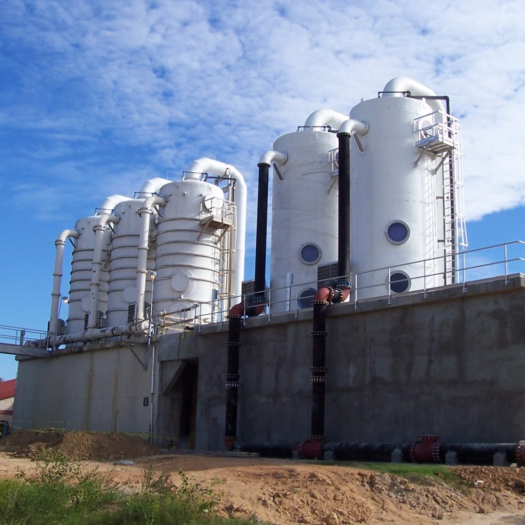 Five Large Diameter Air Stripper Units Mounted on Clear Well